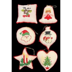 Vintage Cross-Stitch Christmas Ornaments Set 6 Reindeer Angel Santa Snowman Tree